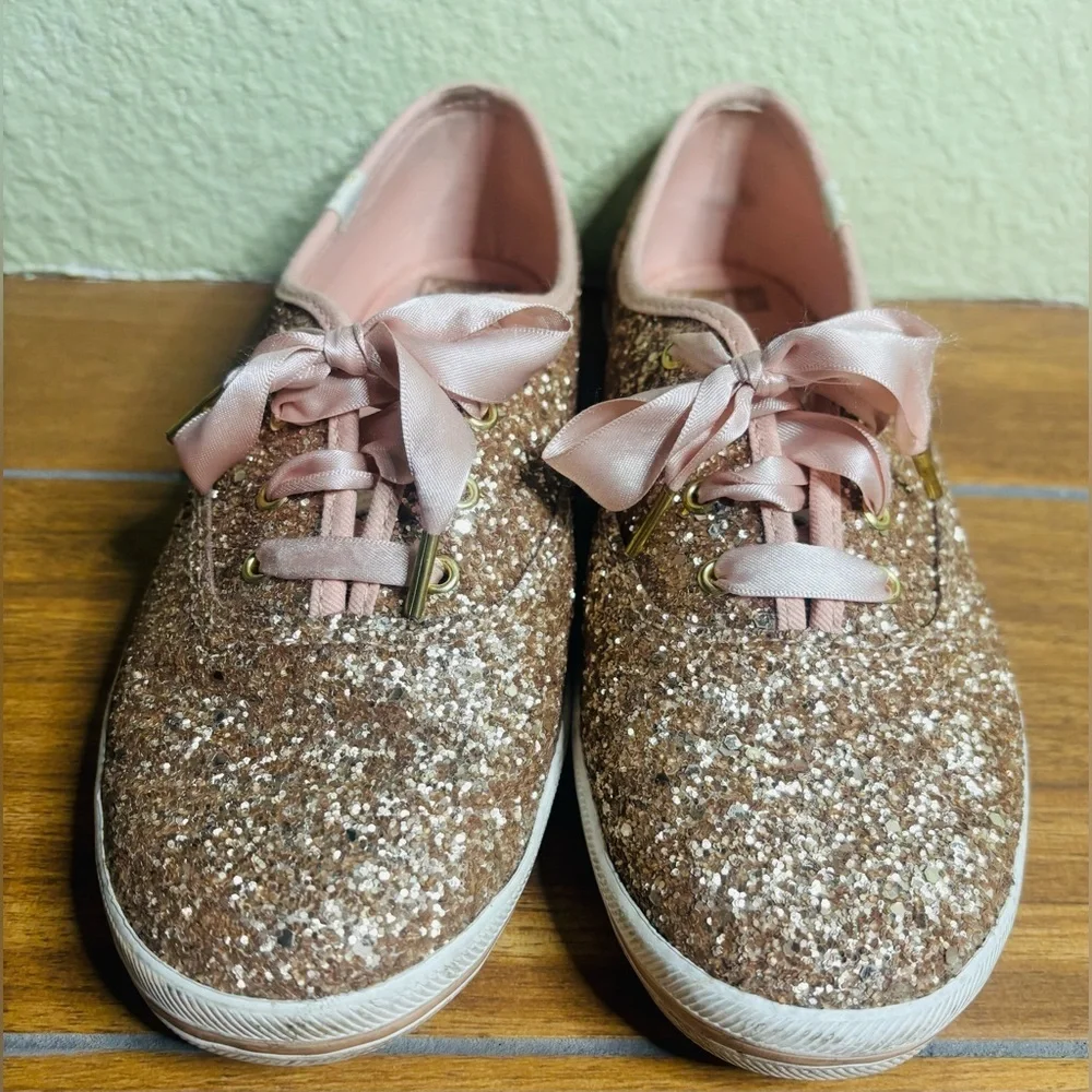 Keds for Kate Spade New York Pink & Gold Glitter Ribbon Laces Sneakers Size: 7.5